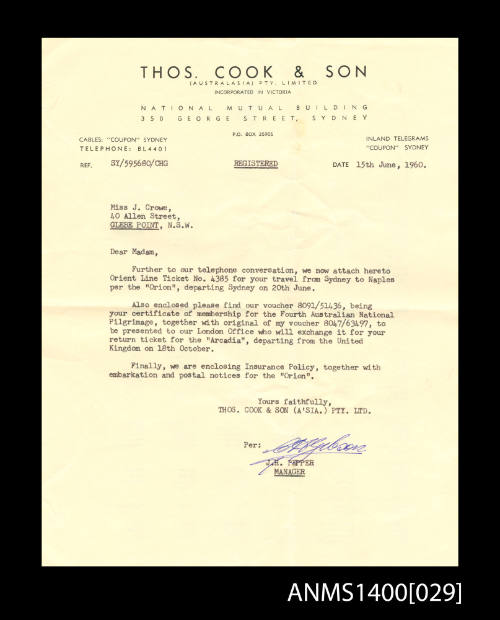 Letter to J. Crowe from Thomas Cook & Son