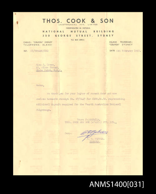 Letter to J. Crowe from Thomas Cook & Son