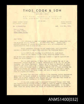 Letter to J. Crowe from Thomas Cook & Son