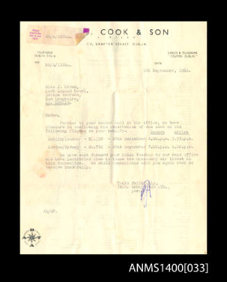 Letter to J. Crowe from Thomas Cook & Son