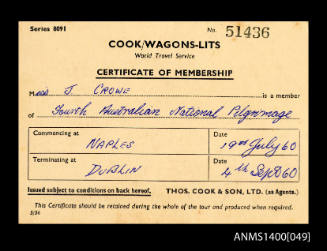 Certificate of Membership issued to J Crowe