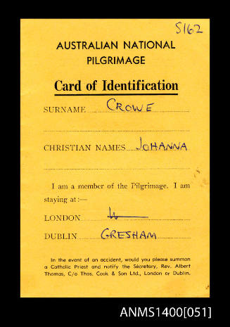 Identification card issued to Johanna Crowe