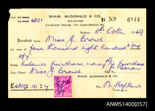 Receipt issued to Miss J Crowe