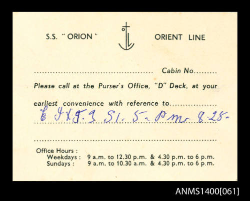 SS ORION Purser's Office card