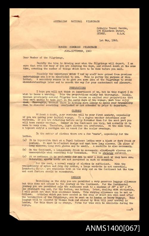 Australian National Pilgrimage Munich Congress document