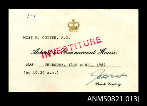 Invitation to Kay Cottee for her A.O. investiture at Government House.