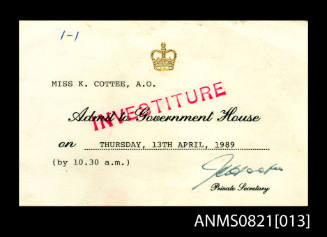 Invitation to Kay Cottee for her A.O. investiture at Government House.