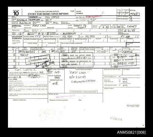 Australian Custom Service entry for home consumption issued to Kay Cottee for entry of BLACKMORES FIRST LADY into Sydney Harbour