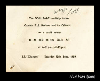 Invitation addressed to Captain Eric Bolton Beeham to attend soiree on board SS CHANGTE