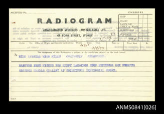 Radiogram addressed to Miss McNeill and Miss Mills from master of SS CHANGTE