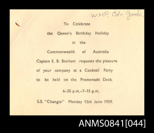 Invitation issued by Captain Beeham to celebrate the Queen's birthday holiday on the promenade deck of SS CHANGTE on Monday 15th June 1959