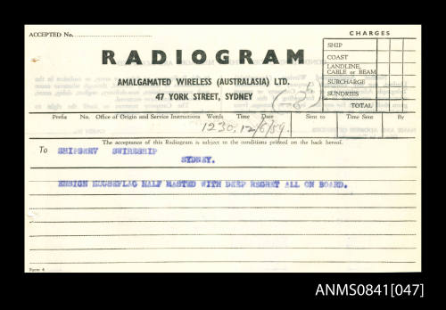 Radiogram of 12th June 1959 concerning the ensign house flag