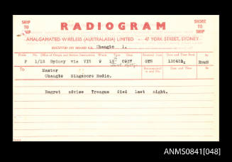 Radiogram concerning the death of Treagus