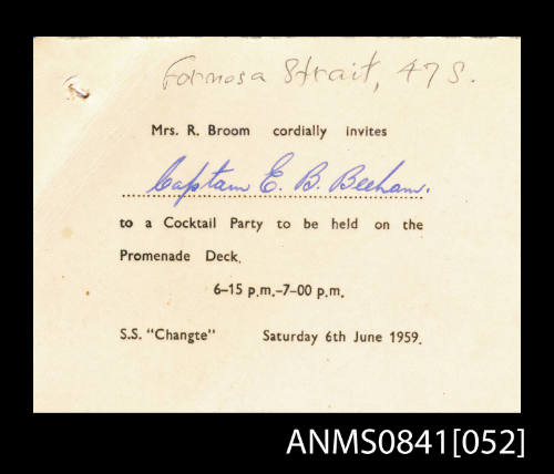 Invitation addressed to Captain Beeham to attend cocktail party to be held on the promenade deck of SS CHANGTE on 6th June 1959