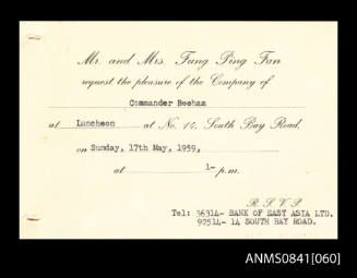 Invitation addressed to Captain Beeham concerning luncheon held on 17th May 1959