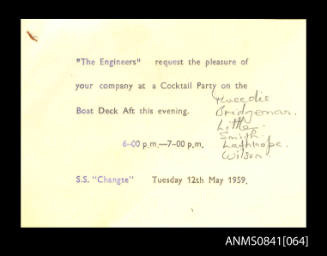 Invitation to attend cocktail party on board SS CHANGTE on 12th May 1959