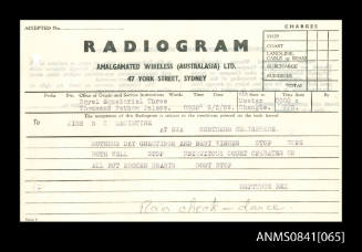 Personal radiogram addressed to passenger on board SS CHANGTE concerning Mothers Day greetings