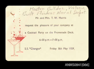 Invitation to attend cocktail party held on promenade deck of SS CHANGTE on 8th May 1959