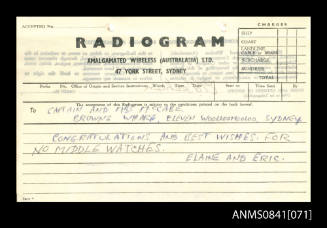 Personal radiogram from Eric Bolton Beeham addressed to Captain and Mrs McCabe concerning middle watches