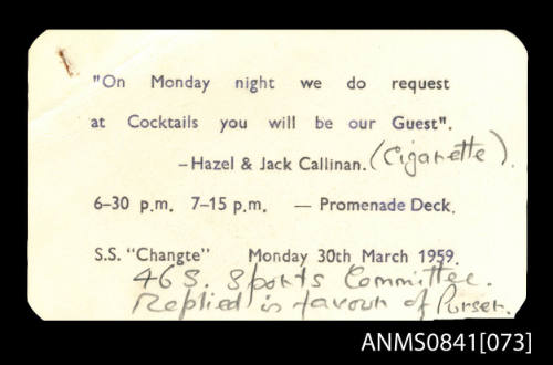 Invitation to attend cocktail party held on promenade deck of SS CHANGTE on 30th March 1959