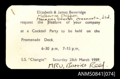 Invitation to attend cocktail party held on promenade deck of SS CHANGTE on 28th March 1959