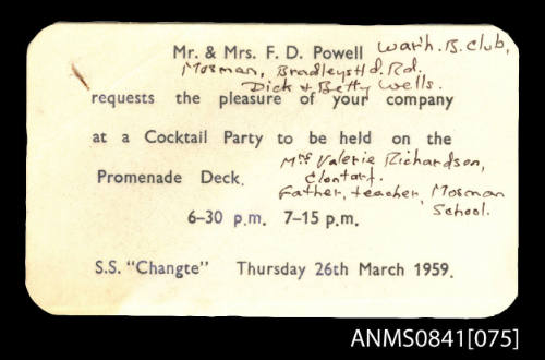 Invitation to attend cocktail party held on promenade deck of SS CHANGTE on 26th March 1959