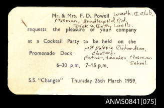 Invitation to attend cocktail party held on promenade deck of SS CHANGTE on 26th March 1959