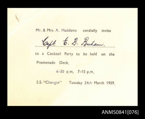 Invitation addressed to Captain Beeham to attend cocktail party held on promenade deck of SS CHANGTE on 24th March 1959