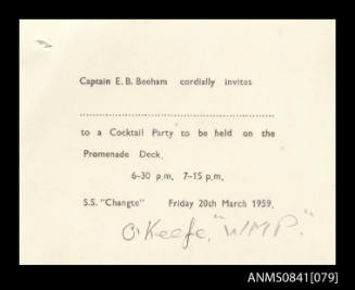 Blank invitation to attend cocktail party hosted by Captain Beeham held on promenade deck of SS CHANGTE on 20th March 1959