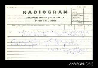 Personal radio gram from Eric Bolton Beeham addressed to Janet Normoyle and Ian Robertson