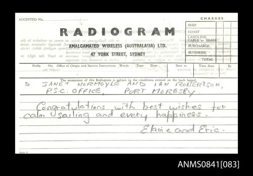 Personal radiogram from Eric and Elaine Beeham addressed to Janet Normoyle and Ian Robertson