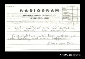 Personal radiogram from Eric and Elaine Beeham addressed to Janet Normoyle and Ian Robertson