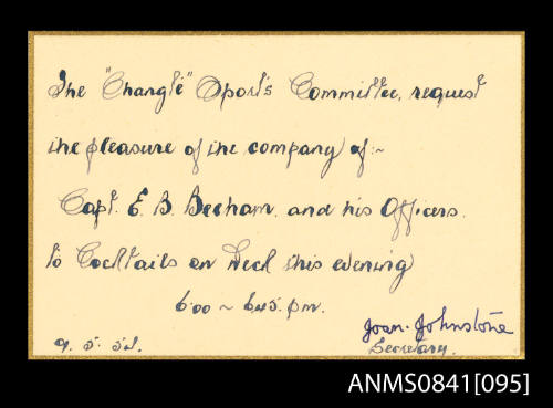 Invitation addressed to Captain Beeham to attend cocktail party on board SS CHANGTE