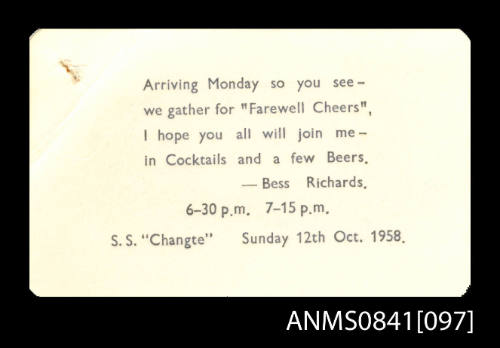 Invitation to attend farewell cocktails on board SS CHANGTE on Sunday 12th October, 1958