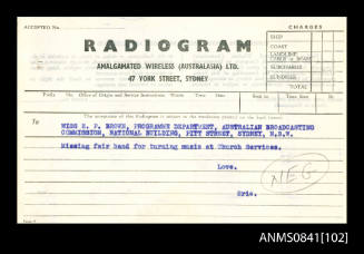 Personal radiogram from Eric Bolton Beeham addressed to Miss E P Brown
