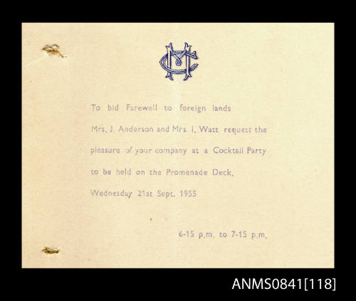 Invitation to attend cocktail party held on promenade deck of SS CHANGTE on 21st September, 1955