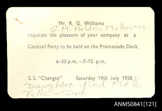 Invitation to attend cocktail party held on board promenade deck of SS CHANGTE on 19th July, 1958