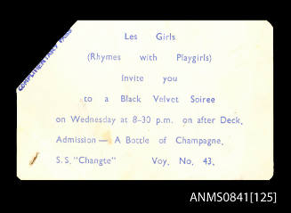 Invitation to attend black velvet soiree on board SS CHANGTE, Voyage no