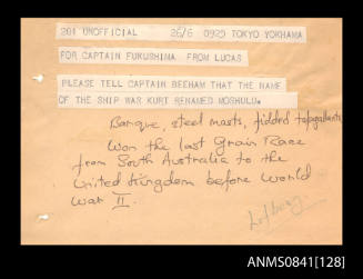 Telegram addressed to Captain Fukushima requesting that Captain Beeham be informed that the vessel previously named KURT has been renamed MOSHULU