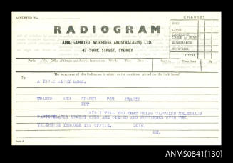 Personal radiogram addressed to "A truly dizzy dame"