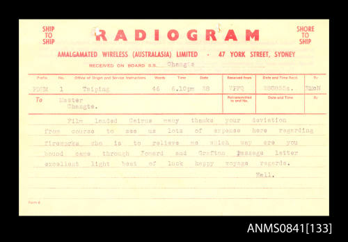 Radiogram addressed to master of SS CHANGTE