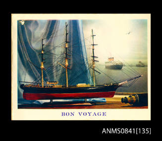 Bon voyage card, with colour illustration of ship model and text reading "Bon voyage" at center front