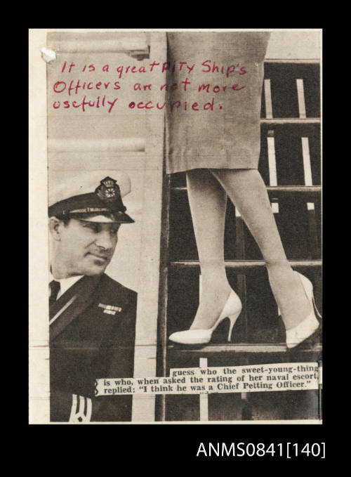 Newspaper clipping featuring black and white image of uniformed Captain looking at the feet of a young woman who appears standing on a ladder above him