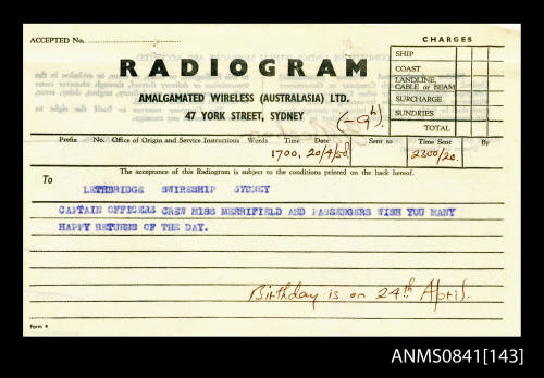 Personal radiogram addressed to "Lethbridge Swireship Sydney"