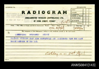 Personal radiogram addressed to "Lethbridge Swireship Sydney"