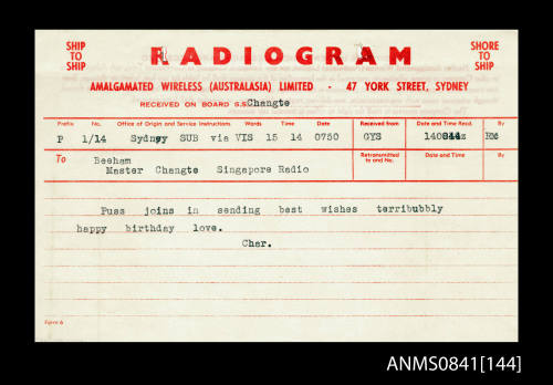 Personal radiogram addressed to Master Beeham