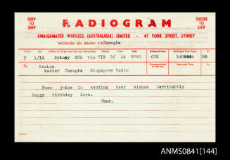 Personal radiogram addressed to Master Beeham