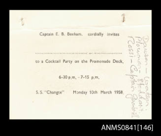 Blank invitation issued by Captain Beeham to attend cocktail party held on promenade deck of SS CHANGTE 10th March 1958