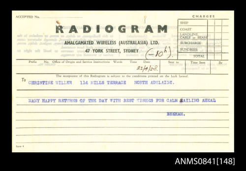 Personal radiogram from Eric Bolton Beeham addressed to Christine Miller