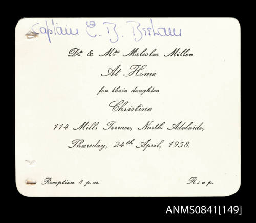 Personal invitation addressed to Captain Beeham to attend the debut of Christine Miller